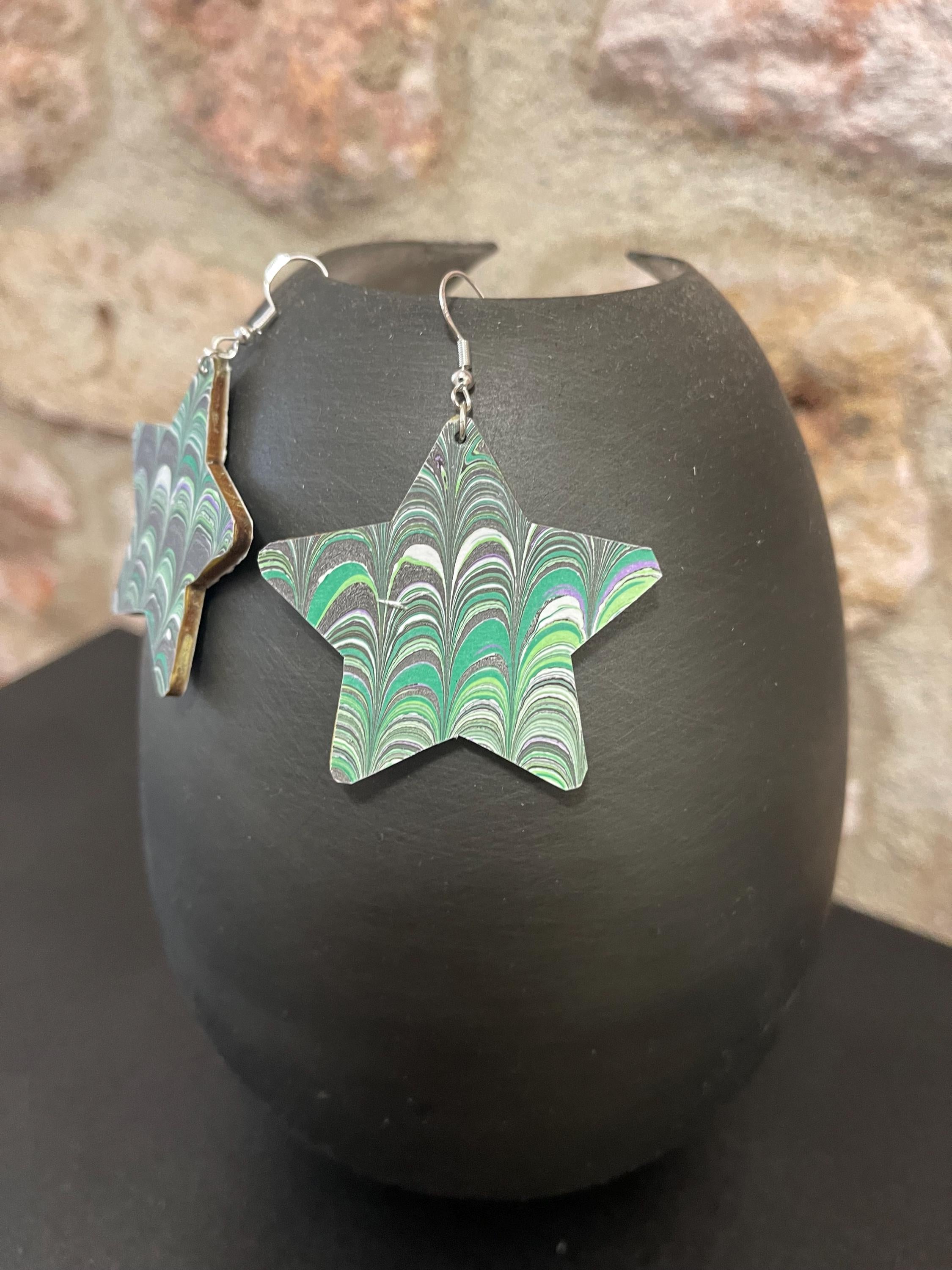 Star marbled dangle earrings, unique, with silver hyper allergenic hooks, in light greens, greys and white, ideal paper anniversary present