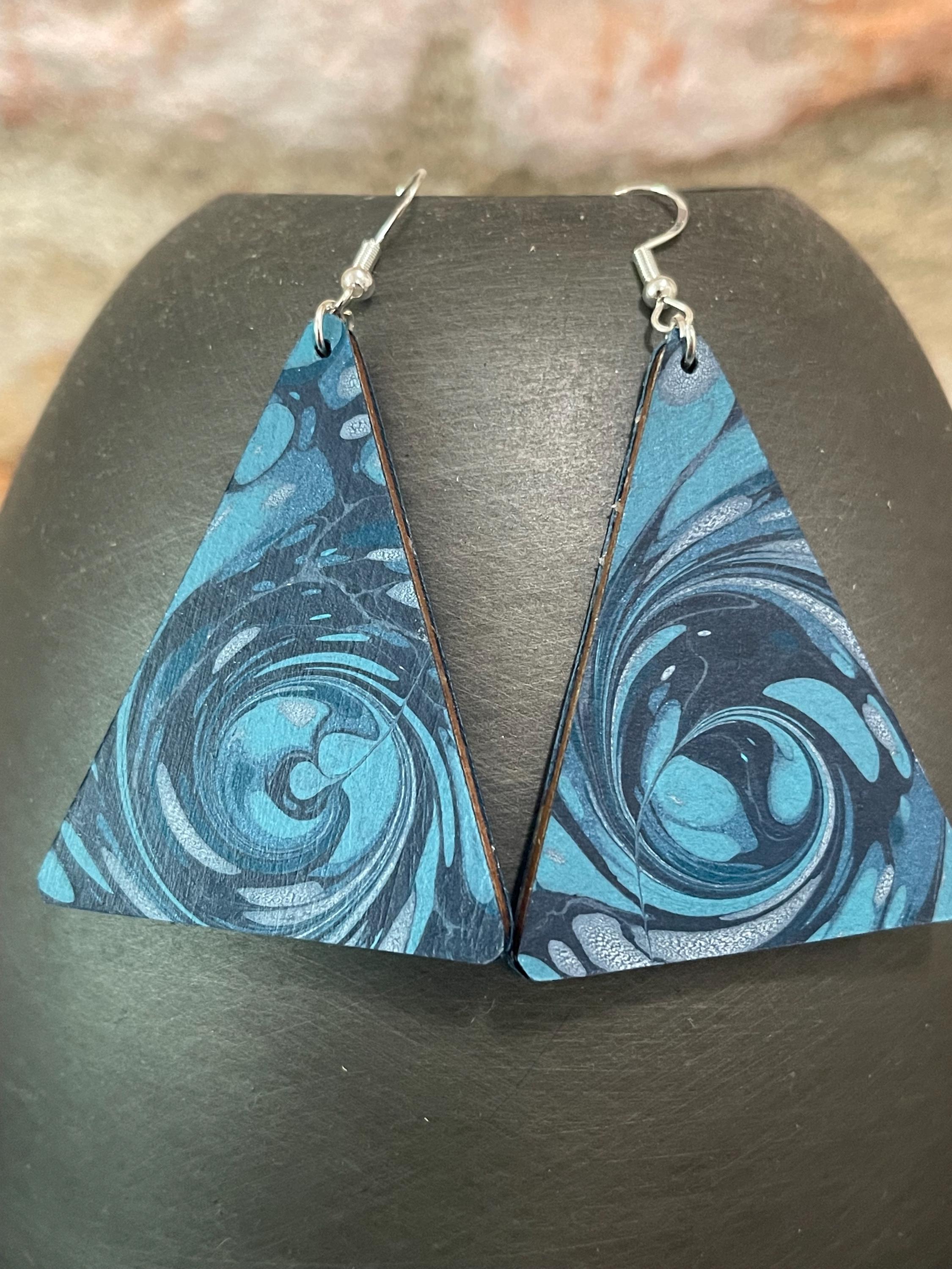 Triangular marbled dangle earrings, unique, with sterling silver hyper allergenic hooks, blues, whirlpool ideal 1st anniversary present