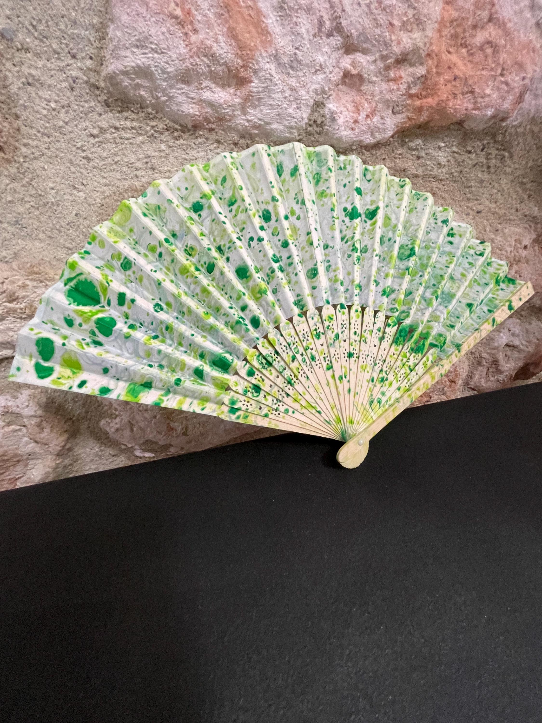 Hand-Marbled Silk Fan – Yellow & Green | One-of-a-Kind Handmade Accessory