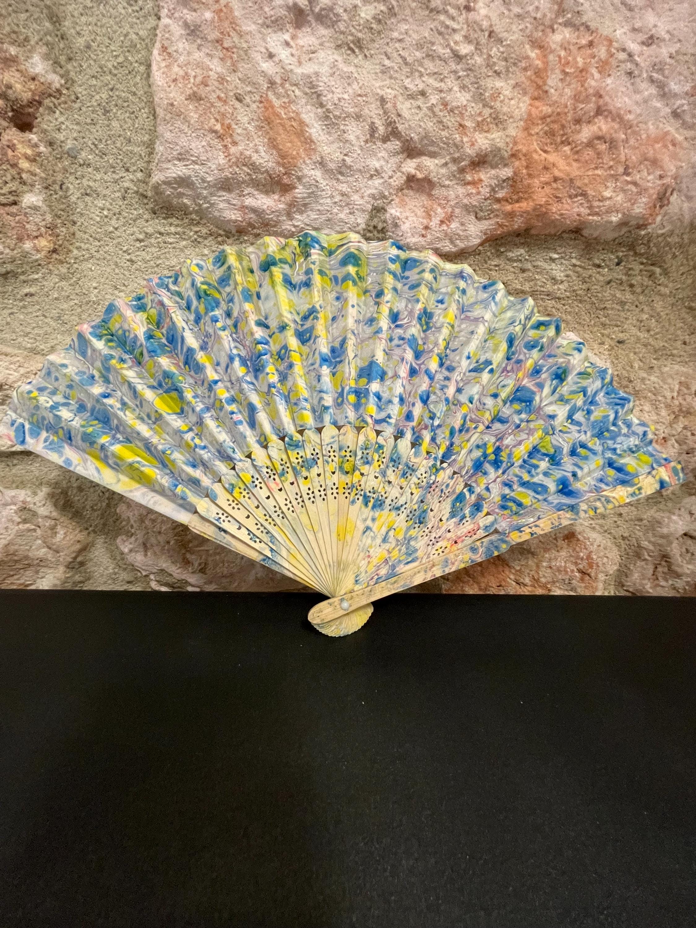 Hand-Marbled Silk Fan – Blue and Yellow | One-of-a-Kind Handmade Accessory