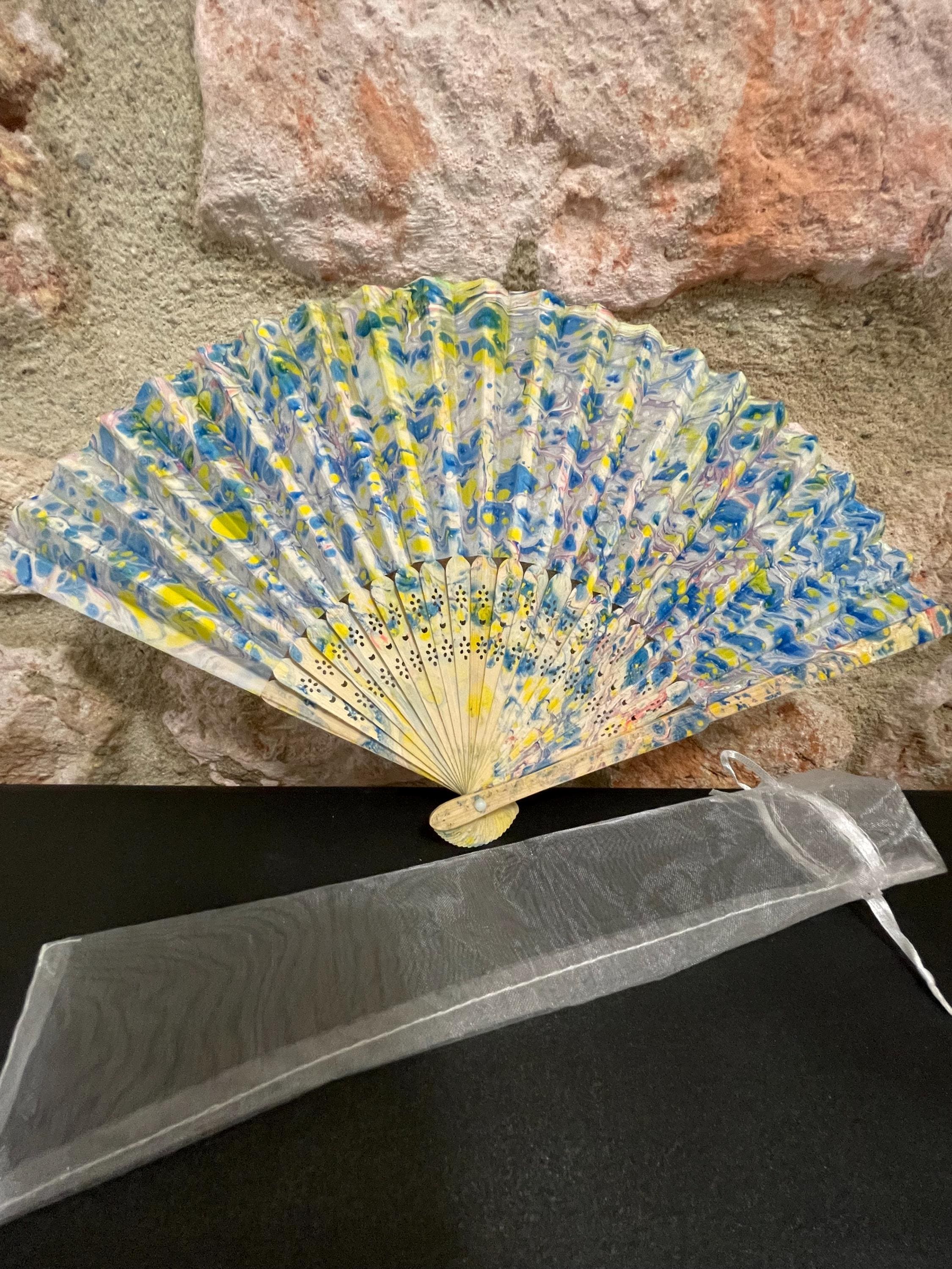 Hand-Marbled Silk Fan – Blue and Yellow | One-of-a-Kind Handmade Accessory