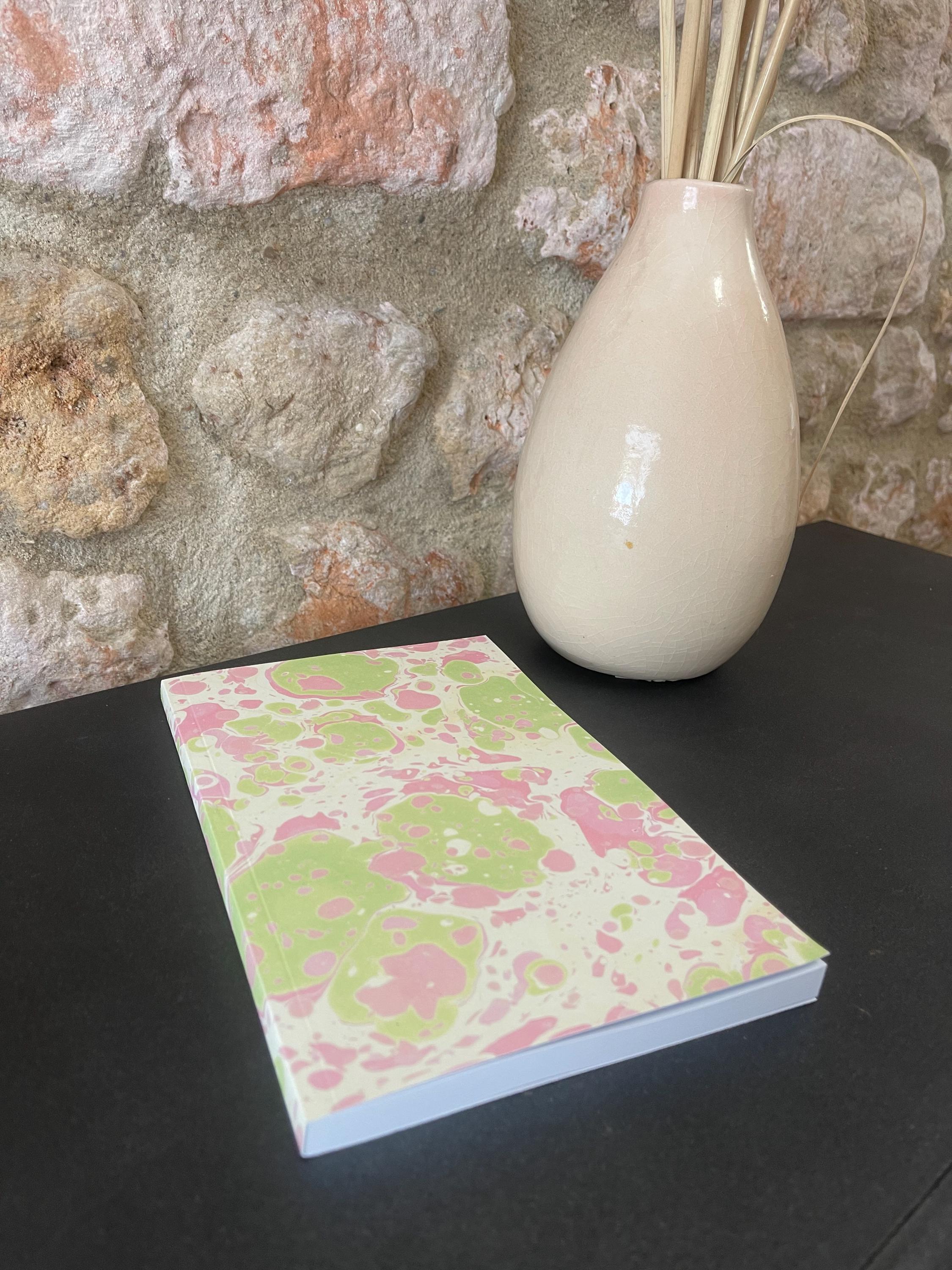Marbled Notebook in pinks and greens, a bold twist on tradition, soft recycled cover, 96 lined pages, practical notebook for daily use