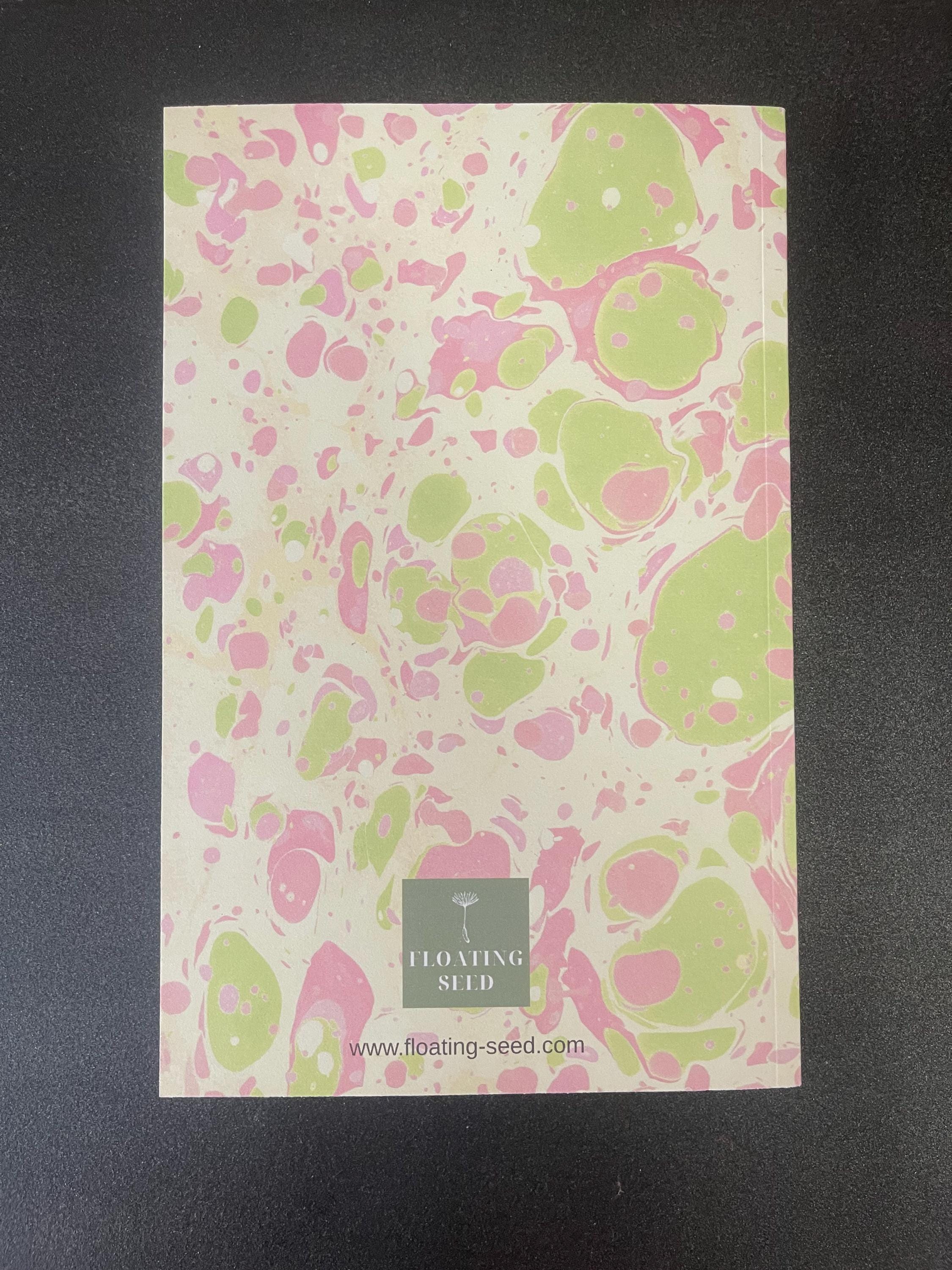 Marbled Notebook in pinks and greens, a bold twist on tradition, soft recycled cover, 96 lined pages, practical notebook for daily use