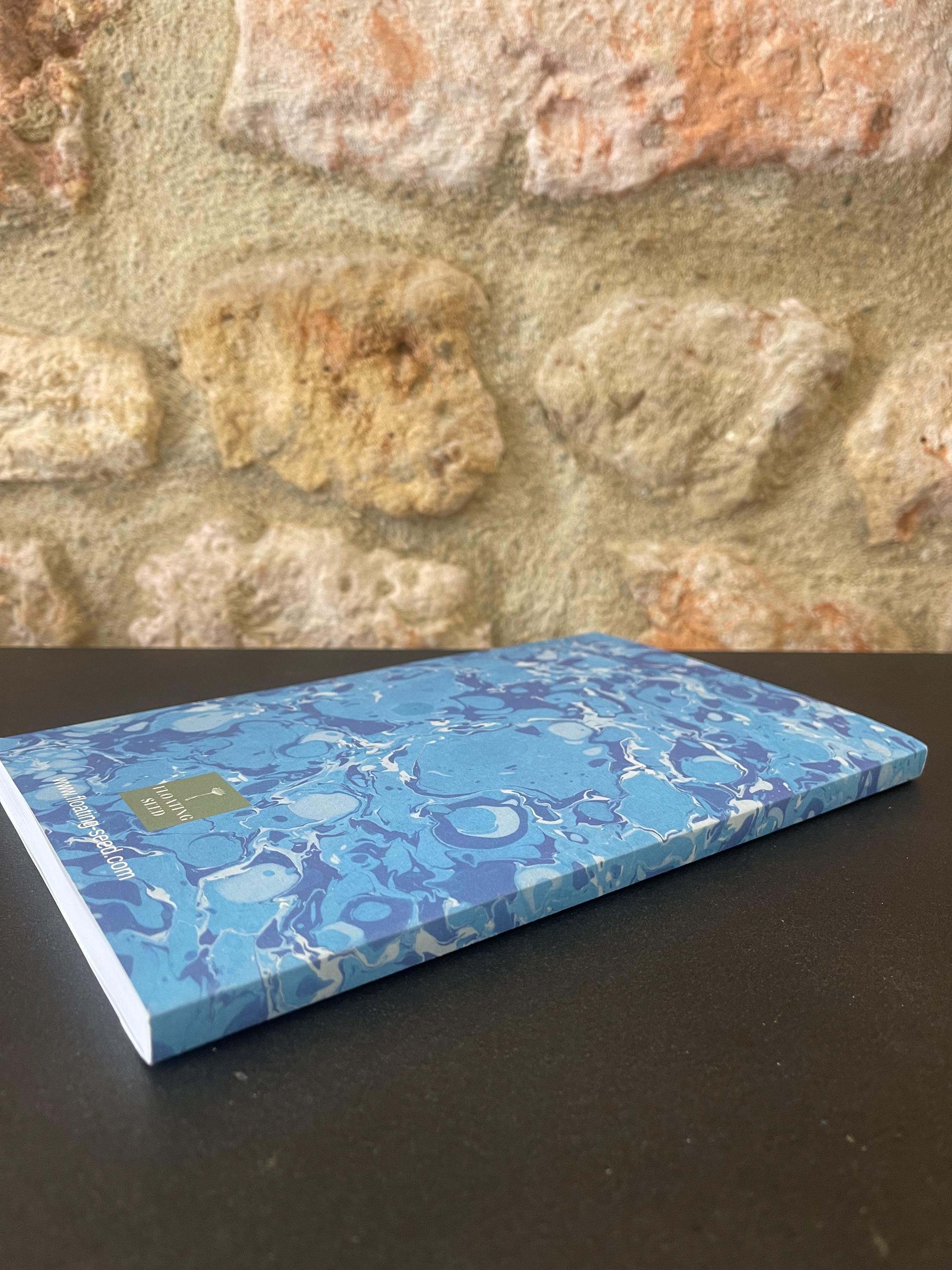 Marbled Notebook in gorgeous blues, a bold twist on tradition, soft recycled cover, 96 lined pages, practical notebook for daily use