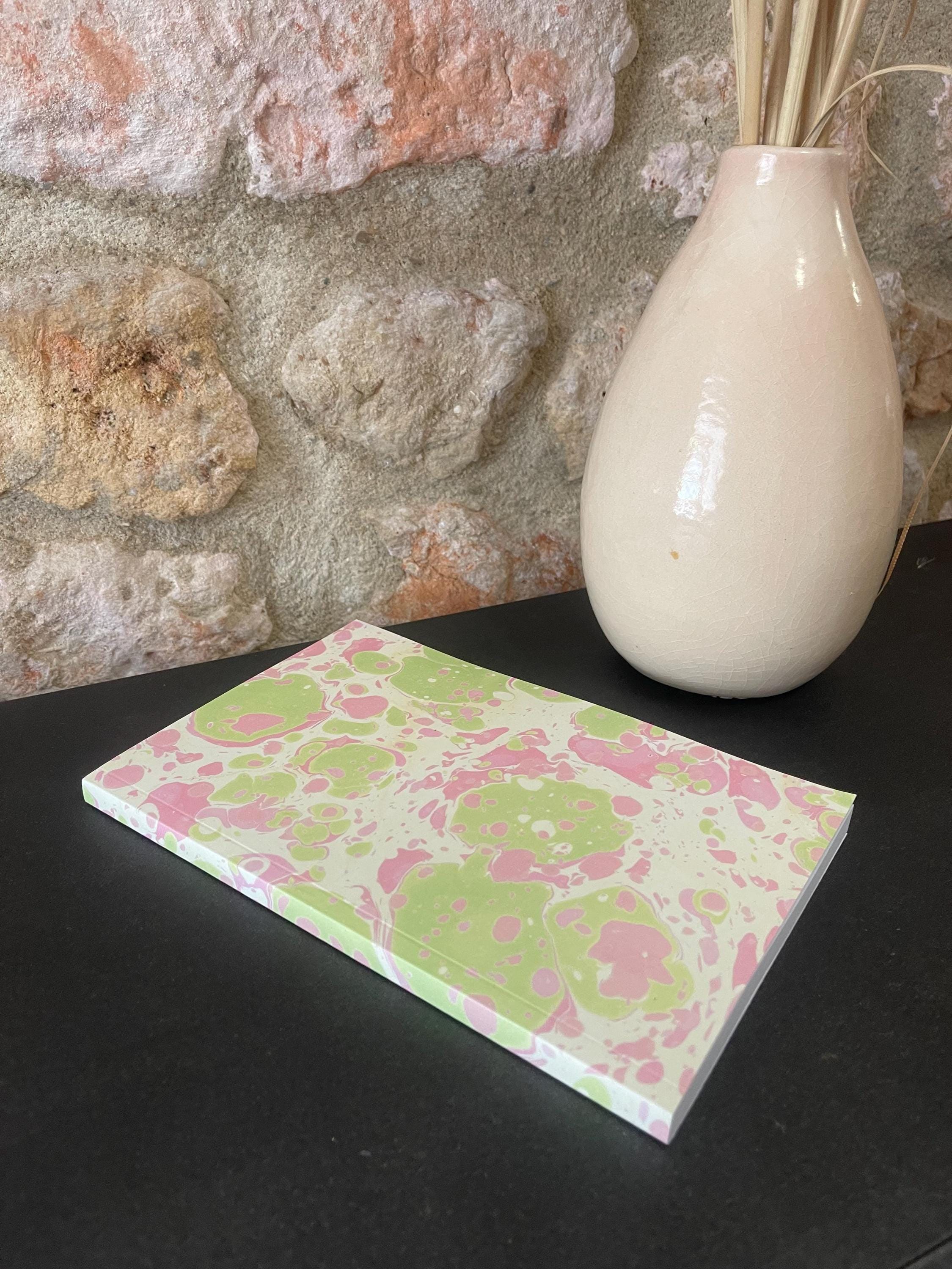 Marbled Notebook in pinks and greens, a bold twist on tradition, soft recycled cover, 96 lined pages, practical notebook for daily use