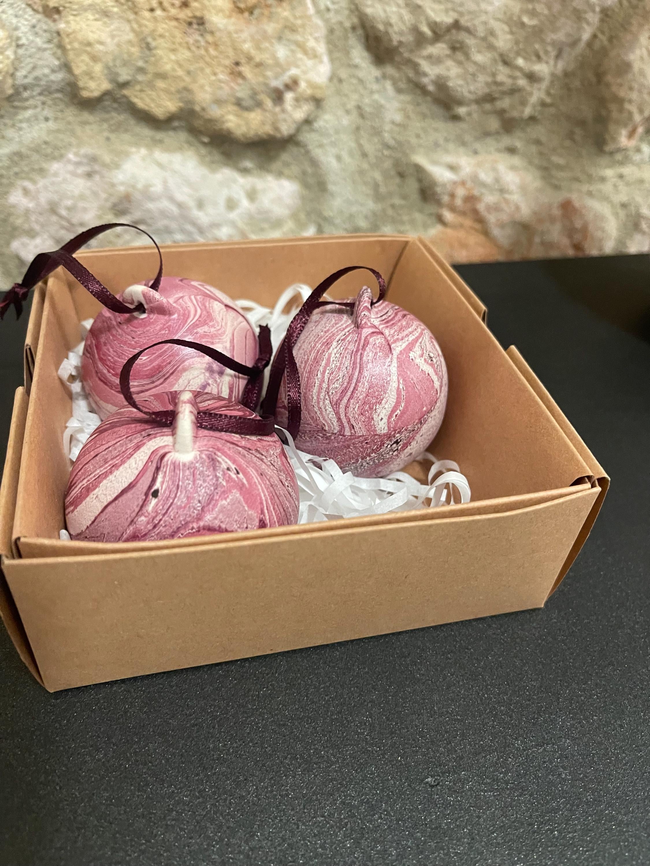 3 Hand Marbled Ceramic Christmas Baubles - Set of 3 - Winter Berry