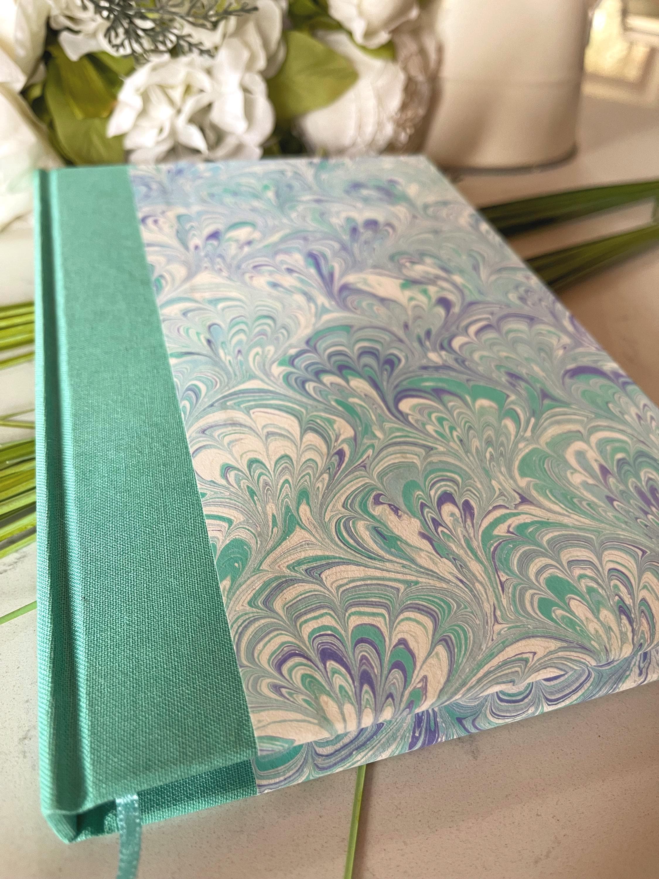 Handmade A5 Sketchbook /Journal, floral inspired hand marbled Hard Cover - 160 plain white pages
