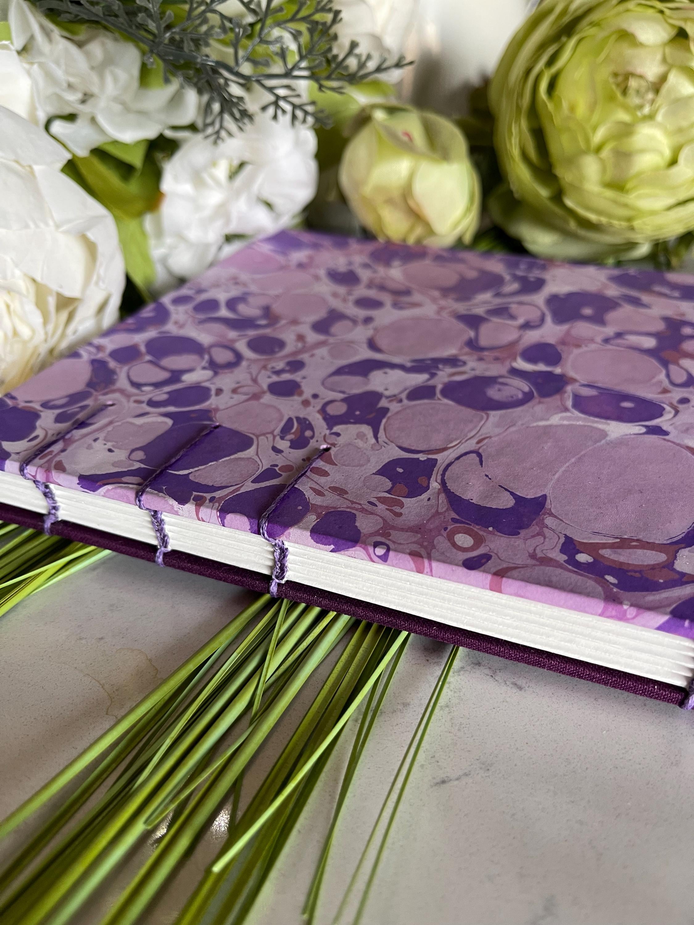 A5 Handmade Coptic Bound Sketchbook – Lavender Hand-Marbled Cover, Artist Notebook, Opens Flat