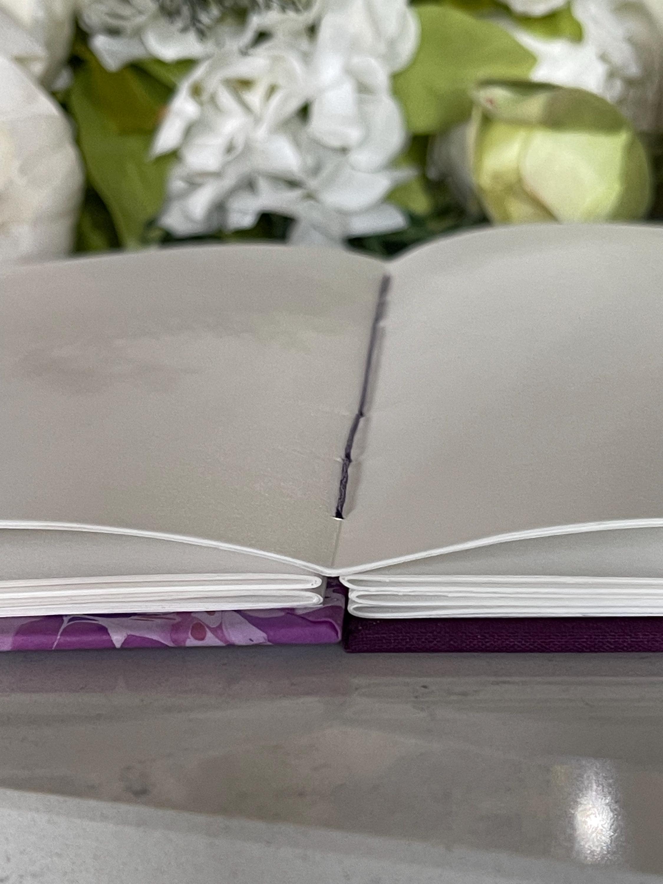 A5 Handmade Coptic Bound Sketchbook – Lavender Hand-Marbled Cover, Artist Notebook, Opens Flat