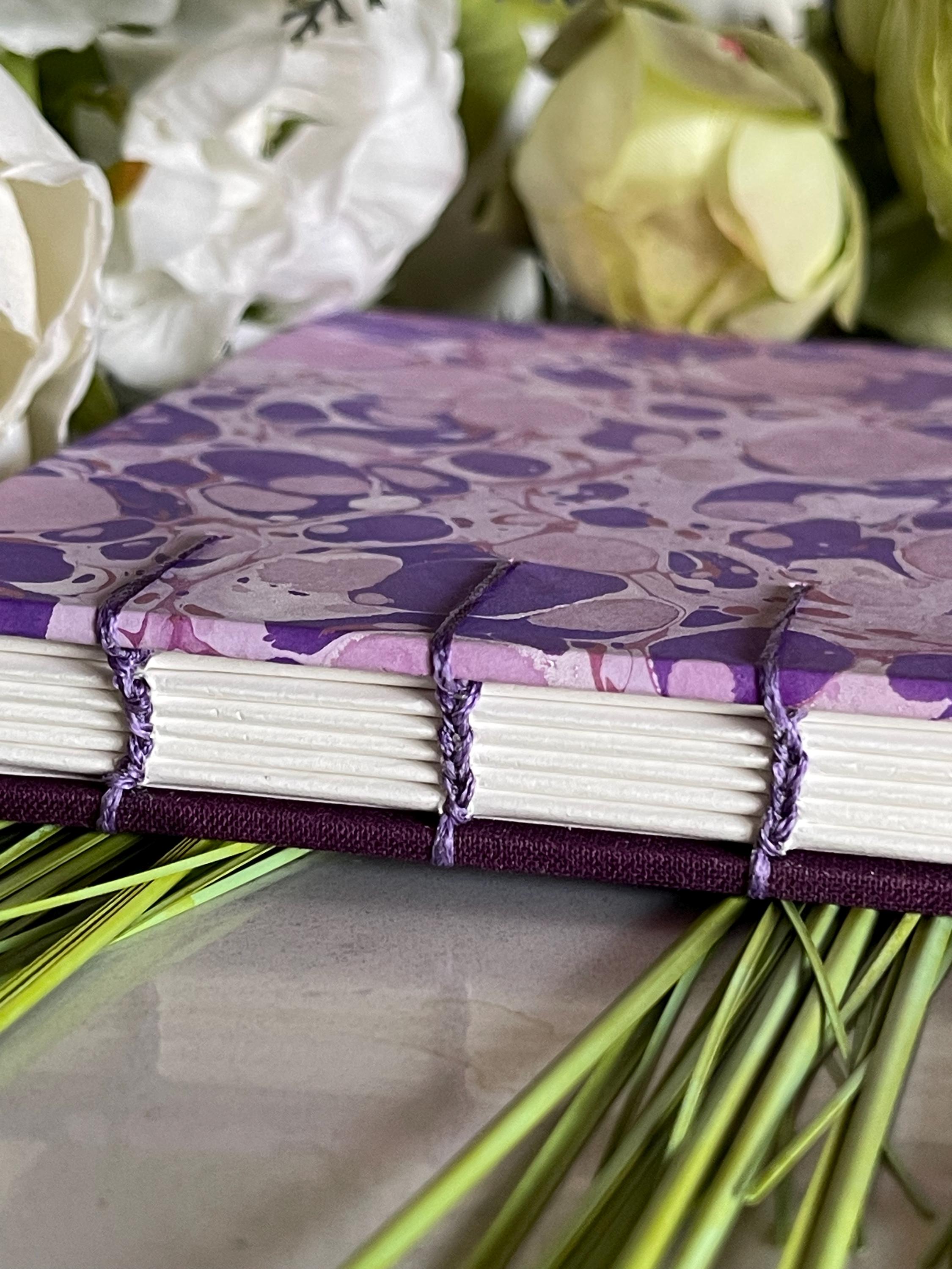 A5 Handmade Coptic Bound Sketchbook – Lavender Hand-Marbled Cover, Artist Notebook, Opens Flat