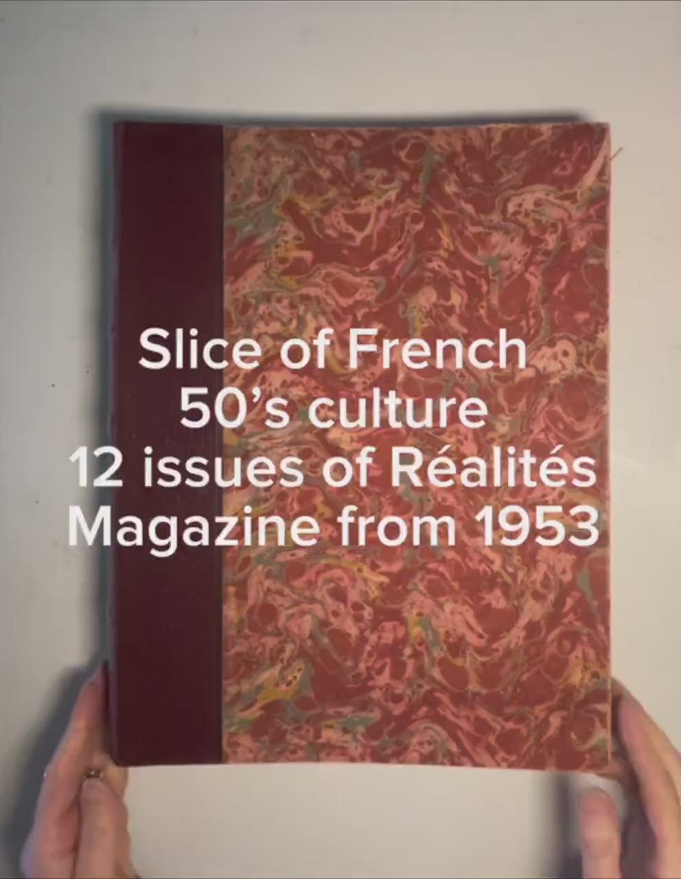 2 marbled, leather-bound volumes of 12 issues of the iconic French magazine Réalités dating from 1953.